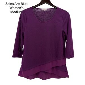 Skies Are Blue Women Medium Purple 3/4 Sleeve Layered Hem Knit Top Sheer Chiffon